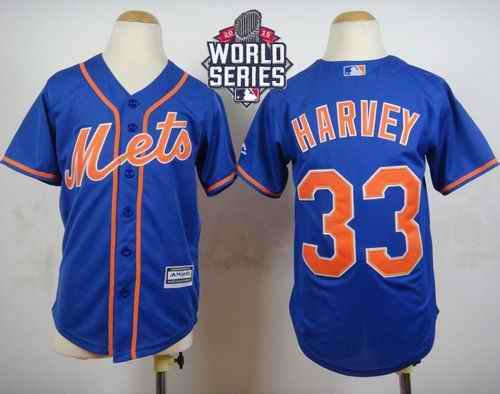 Mets #33 Matt Harvey Blue Alternate Home Cool W/2015 World Series Patch Stitched Youth MLB Jersey