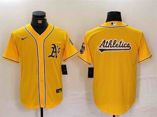 Men's Oakland Athletics Yellow Team Big Logo Cool Base Stitched Baseball Jersey