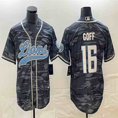 Men's Detroit Lions #16 Jared Goff Grey Camo Cool Base Stitched Baseball Jersey