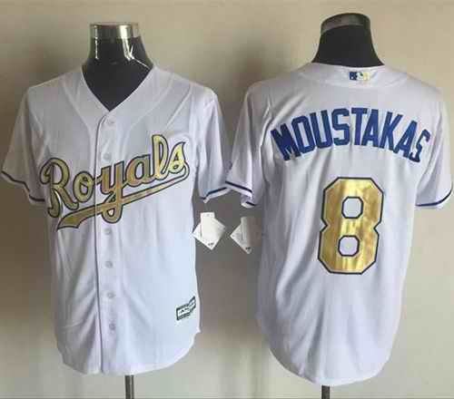 Royals #8 Mike Moustakas White New Cool Base 2015 World Series Champions Gold Program Stitched MLB Jersey