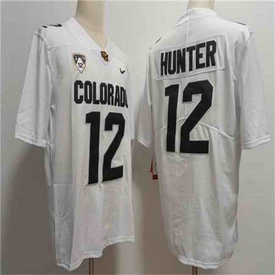 Men's Colorado Buffaloes #12 Travis Hunter White With PAC-12 Patch Stitched Football Jersey