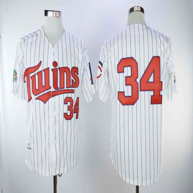 Men's Minnesota Twins #34 Kirby Puckett Mitchell And Ness White(Blue Strip) Throwback Stitched MLB Jersey