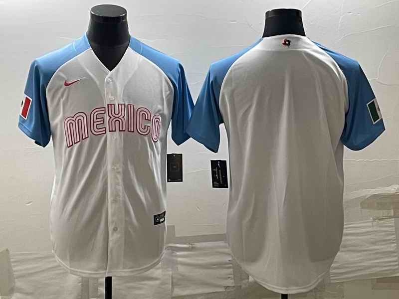 Men's Mexico Baseball Blank 2023 White Blue World Baseball Classic Stitched Jersey