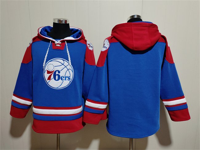 Men's Philadelphia 76ers Blank Royal/Red Lace-Up Pullover Hoodie