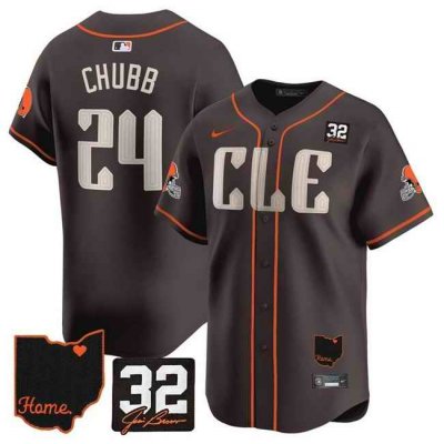 Men's Cleveland Browns #24 Nick Chubb Brown With Jim Brown Memorial & Home Patch Vapor Premier Limited Stitched Baseball Jersey