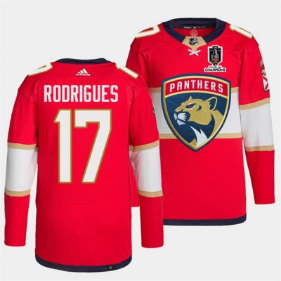 Men's Florida Panthers #17 Evan Rodrigues Red Home 2024 Stanley Cup Champions Stitched Jersey