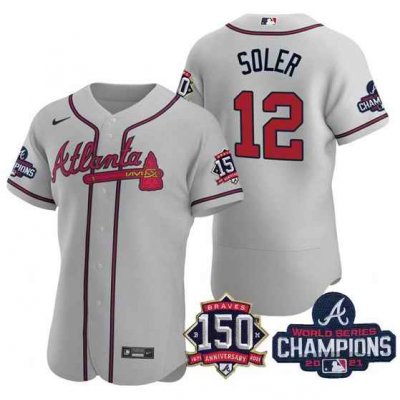 Men's Atlanta Braves #12 Jorge Soler 2021 Grey World Series Champions With 150th Anniversary Flex Base Stitched Jersey