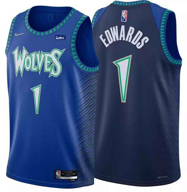 Men's Minnesota Timberwolves #1 Anthony Edwards 2021/22 Blue City Edition 75th Anniversary Swingman Stitched Jersey