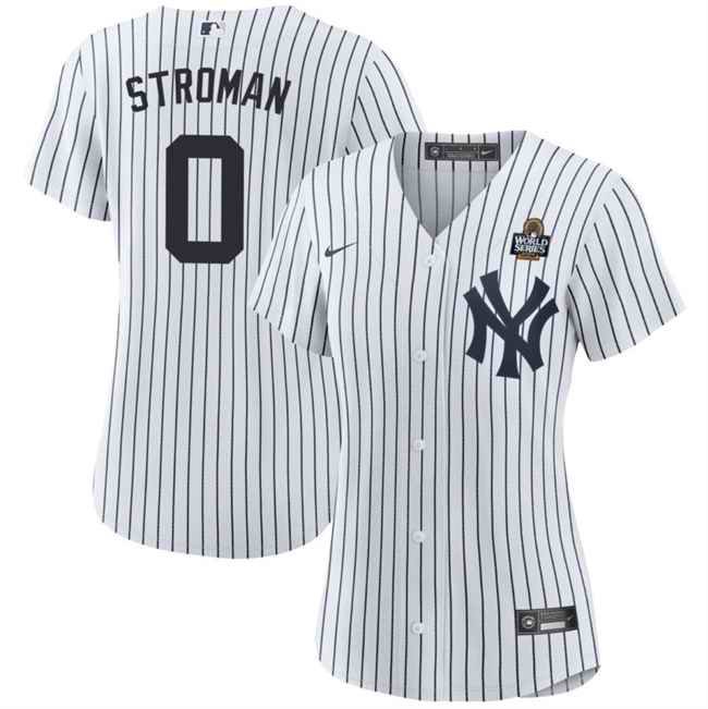 Women's New York Yankees #0 Marcus Stroman White 2024 World Series With Name Cool Base Stitched Baseball Jersey(Run Small)