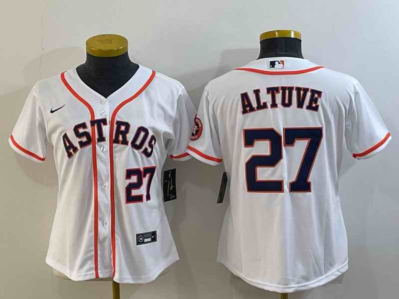 Women's Houston Astros #27 Jose Altuve White With Patch Cool Base Stitched Baseball Jersey(Run Small)