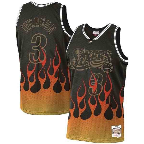 Men's Philadelphia 76ers #3 Allen Iverson Black Mitchell & Ness 2000-01 Hardwood Classics Swingman Flames Stitched Jersey