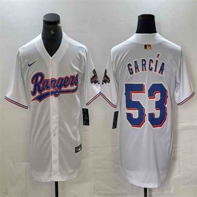 Men's Texas Rangers #53 Adolis Garc'a White Gold Cool Base Stitched Baseball Jersey