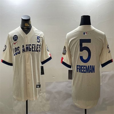 Men's Los Angeles Dodgers #5 Freddie Freeman Cream 2024 World Series With Fernando Memorial Patch City Connect Limited Stitched Baseball Jersey