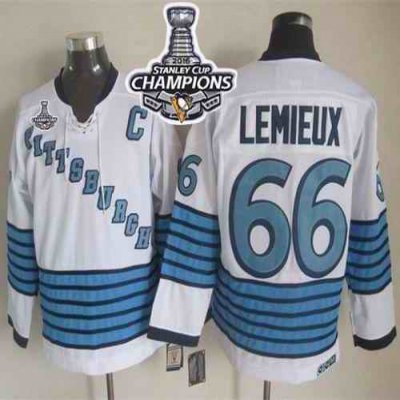 Penguins #66 Mario Lemieux White/Light Blue CCM Throwback 2016 Stanley Cup Champions Stitched NHL Jersey