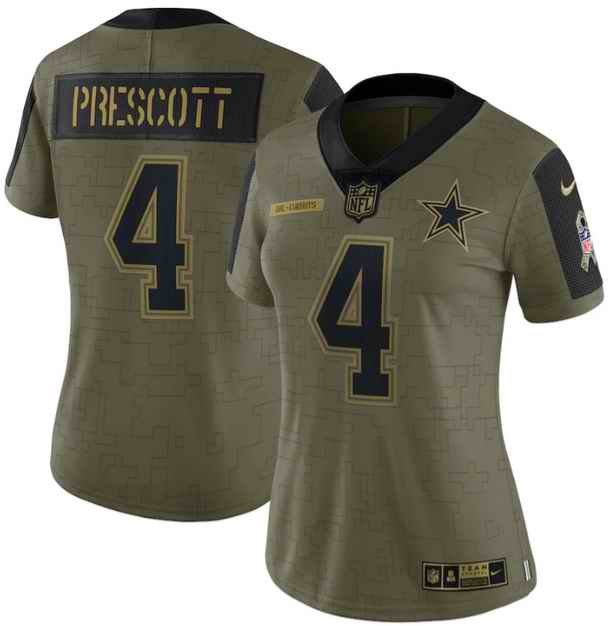 Women's Dallas Cowboys #4 Dak Prescott 2021 Olive Salute To Service Limited Stitched Jersey'Run Small'