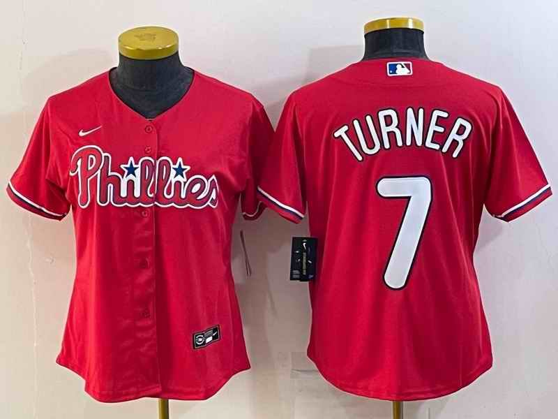 Women's Philadelphia Phillies #7 Trea Turner Red Cool Base Stitched Baseball Jersey(Run Small)