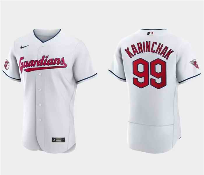 Men's Cleveland Guardians #99 James Karinchak White Flex Base Stitched Jersey