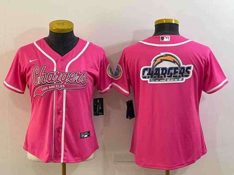 Women's Los Angeles Chargers Pink Team Big Logo With Patch Cool Base Stitched Baseball Jersey(Run Small)