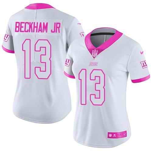 Nike Giants #13 Odell Beckham Jr White/Pink Women's Stitched NFL Limited Rush Fashion Jersey