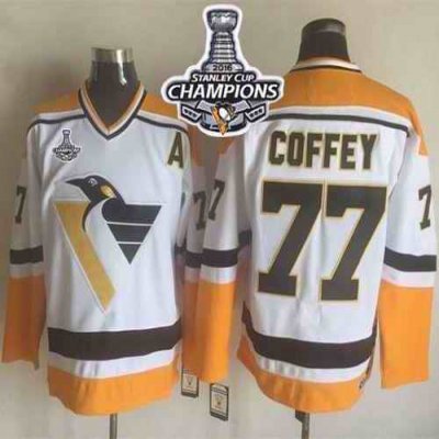 Penguins #77 Paul Coffey White/Yellow CCM Throwback 2016 Stanley Cup Champions Stitched NHL Jersey