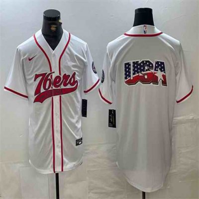 Men's Philadelphia 76ers Team Big Logo White Cool Base Stitched Baseball Jersey