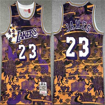 Men's Los Angeles Lakers #23 LeBron James Purple/Yellow Throwback basketball Jersey