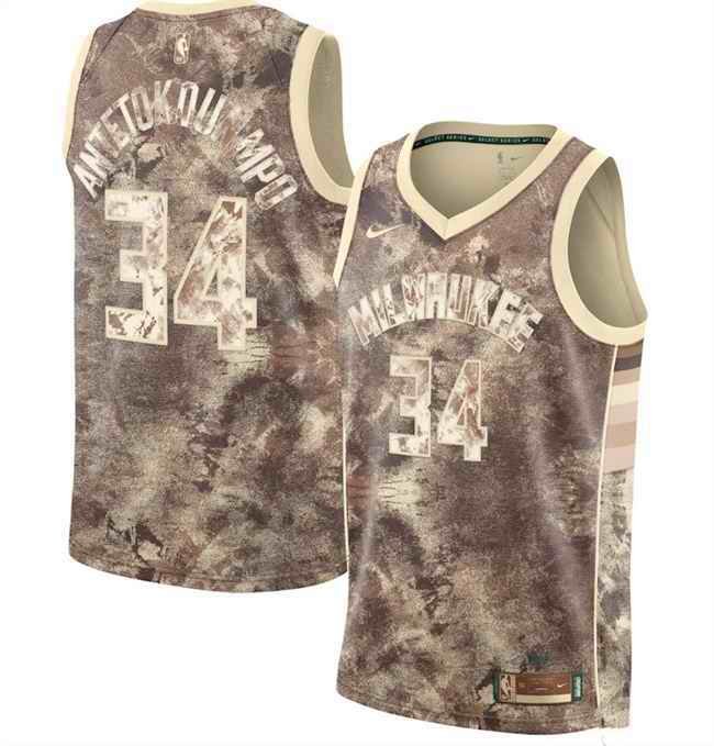 Men's Milwaukee Bucks #34 Giannis Antetokounmpo Brown Stitched Jersey