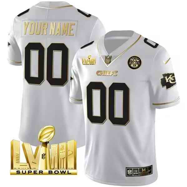 Men's Kansas City Chiefs Active Player Custom White With Gold Super Bowl LVIII Patch Vapor Untouchable Limited Stitched Football Jersey