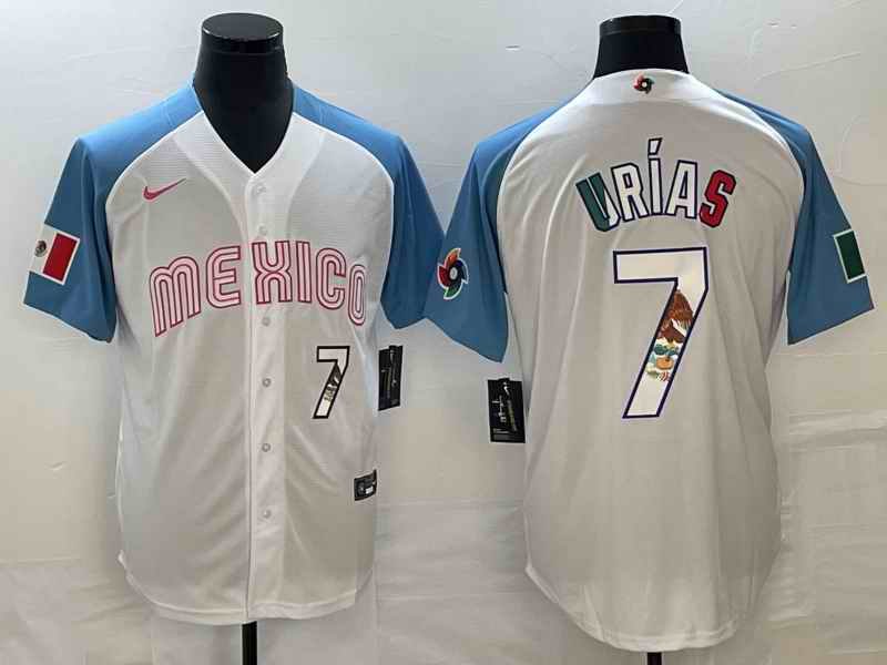 Men's Mexico Baseball #7 Julio Ur'as 2023 White Blue World Baseball Classic With Patch Stitched Jersey