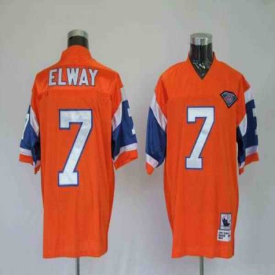 Mitchel & Ness Broncos #7 John Elway Orange With 75 Anniversary Patch Stitched Throwback NFL Jersey