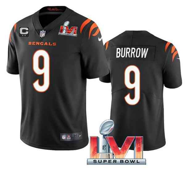 Women's Cincinnati Bengals #9 Joe Burrow 2022 Black With C Patch Super Bowl LVI Vapor Limited Stitched Jersey(Run Small)