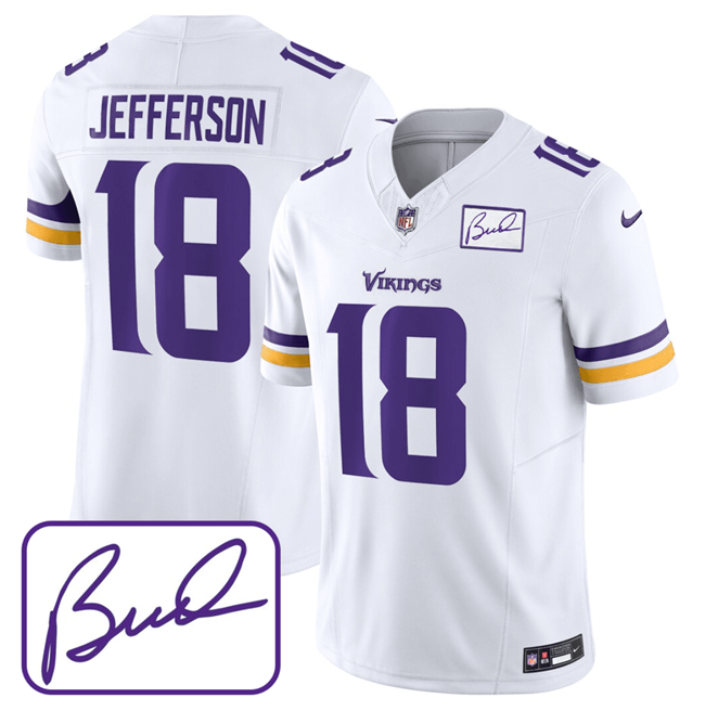 Men's Minnesota Vikings #18 Justin Jefferson White 2023 F.U.S.E. Bud Grant patch Limited Stitched Jersey