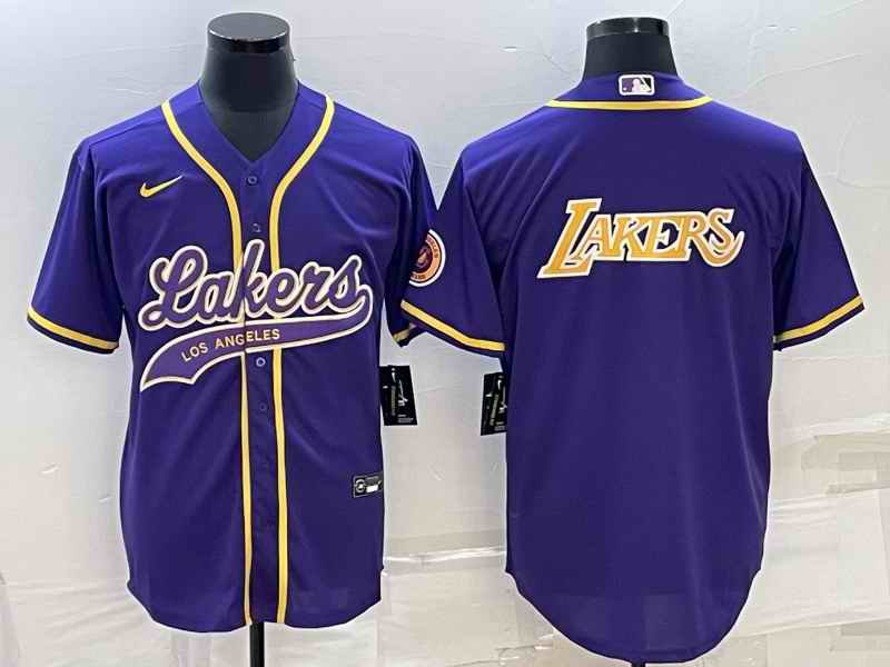 Men's Los Angeles Lakers Purple Big Logo Cool Base Stitched Baseball Jersey