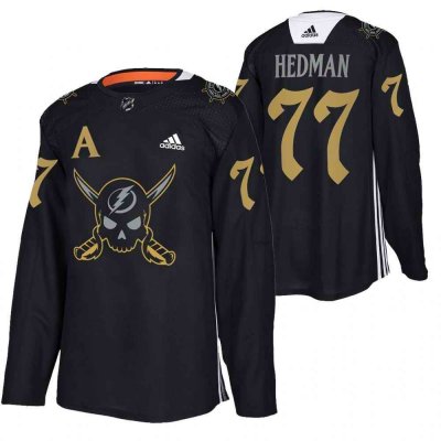 Men's Tampa Bay Lightning #77 Victor Hedman Black Gasparilla inspired Pirate-themed Warmup Stitched Jersy