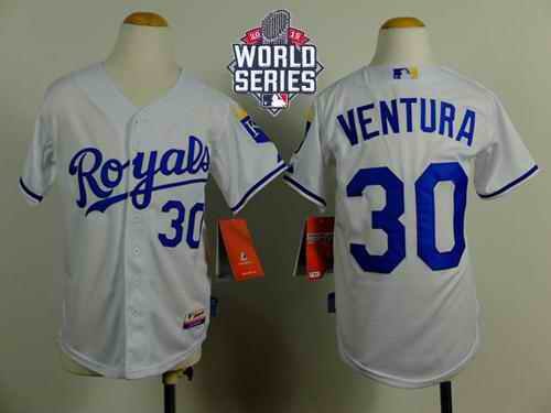 Royals #30 Yordano Ventura White Cool Base W/2015 World Series Patch Stitched Youth MLB Jersey