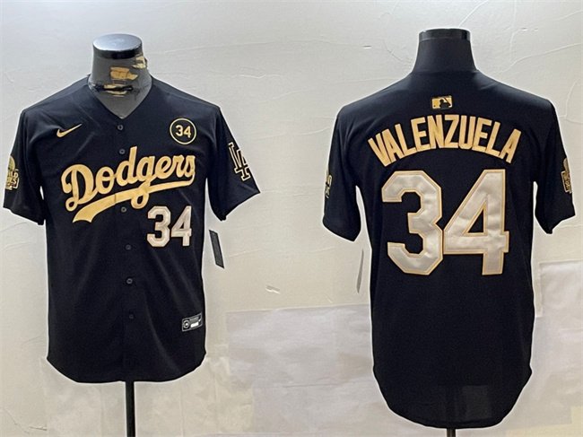 Men's Los Angeles Dodgers #34 Toro Valenzuela Black/Gold 2024 World Series With No. 34 Patch Limited Stitched Baseball Jersey