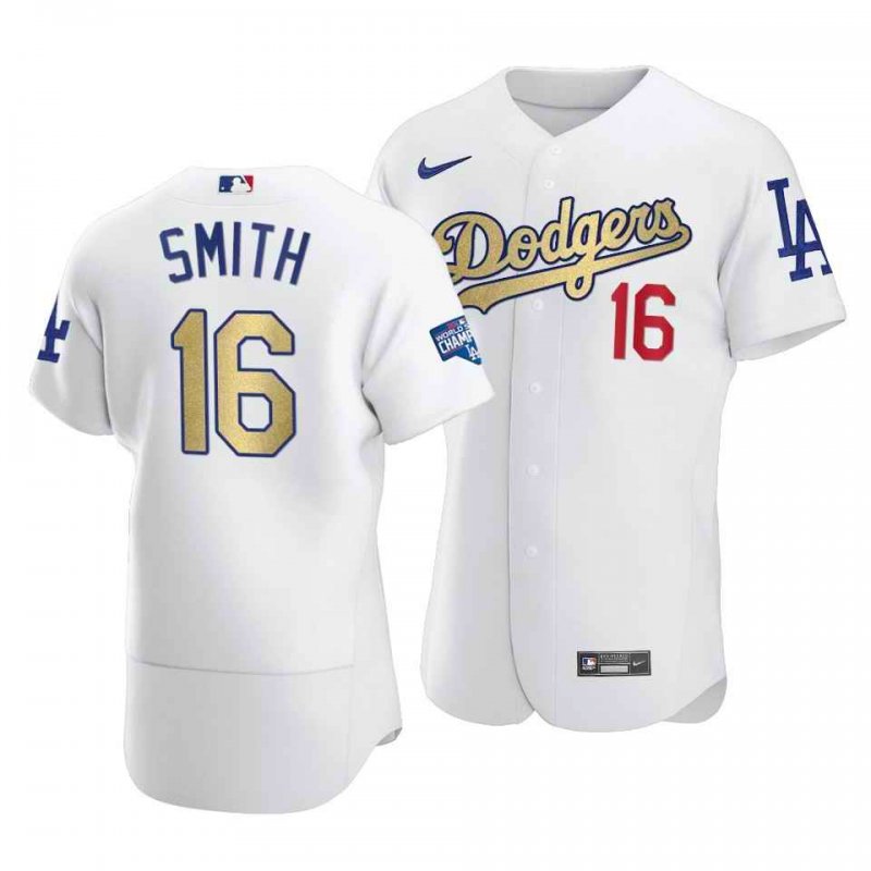 Men's Los Angeles Dodgers #16 Will Smith 2021 White Gold World Series Champions Patch Sttiched Jersey