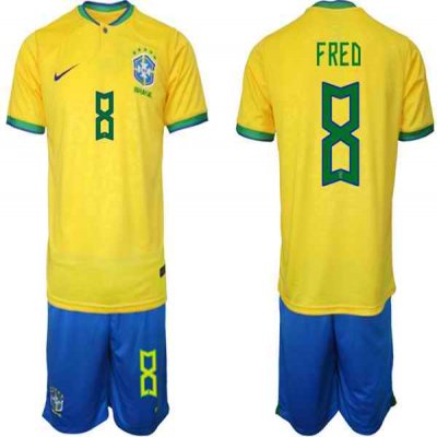 Men's Brazil #8 Fred Yellow 2022 FIFA World Cup Home Soccer Jersey Suit