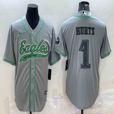 Men's Philadelphia Eagles #1 Jalen Hurts Grey With Patch Cool Base Stitched Baseball Jersey