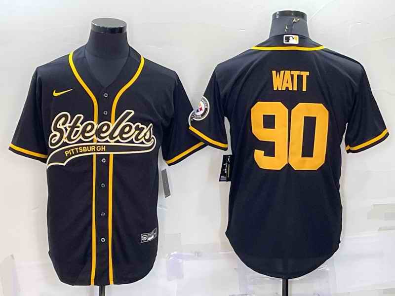 Men's Pittsburgh Steelers #90 T.J. Watt Black Gold With Patch Cool Base Stitched Baseball Jersey