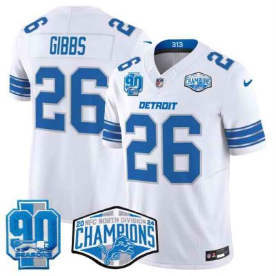 Men's Detroit Lions #26 Jahmyr Gibbs White 2024 NFC North Champions 90th Anniversary Patch F.U.S.E. Vapor Limited Stitched Jersey