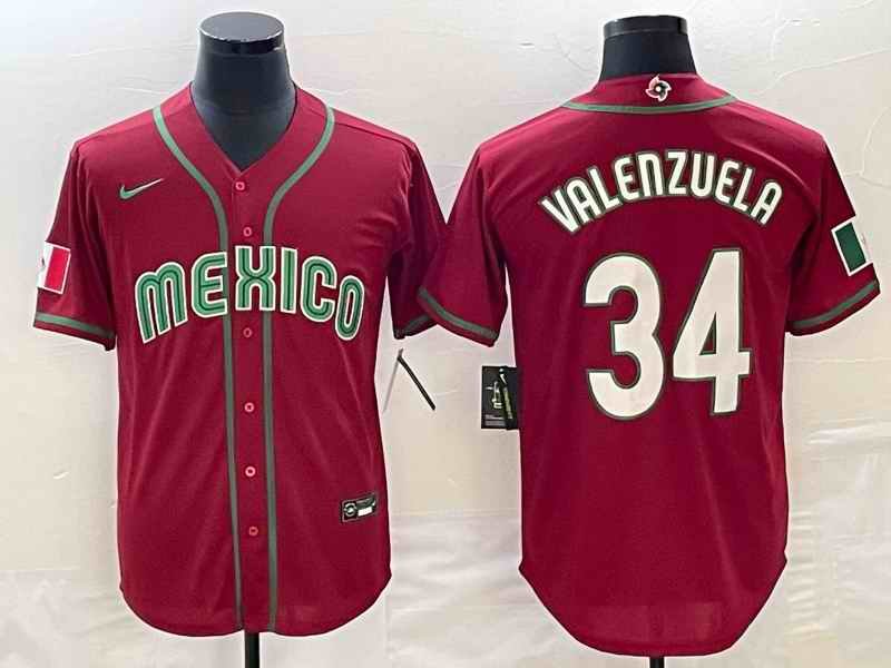 Men's Mexico Baseball #34 Fernando Valenzuela 2023 Red World Baseball Classic Stitched Jersey