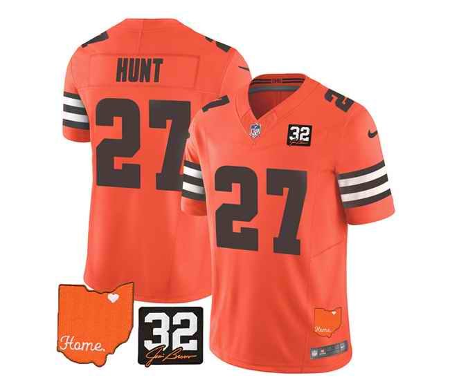 Men's Cleveland Browns #27 Kareem Hunt Orange 2023 F.U.S.E. With Jim Brown Memorial Patch Vapor Untouchable Limited Stitched Jersey