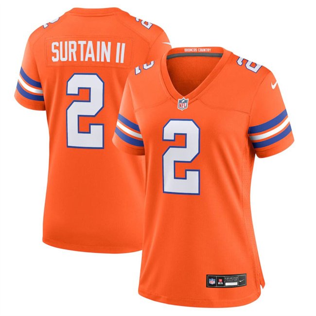 Women's Denver Broncos #2 Patrick Surtain II Orange Mile High Collection 1977 Throwback Stitched Jersey(Run Small)