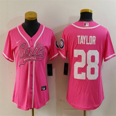 Women's Indianapolis Colts #28 Jonathan Taylor Pink With Patch Cool Base Stitched Baseball Jersey(Run Small)