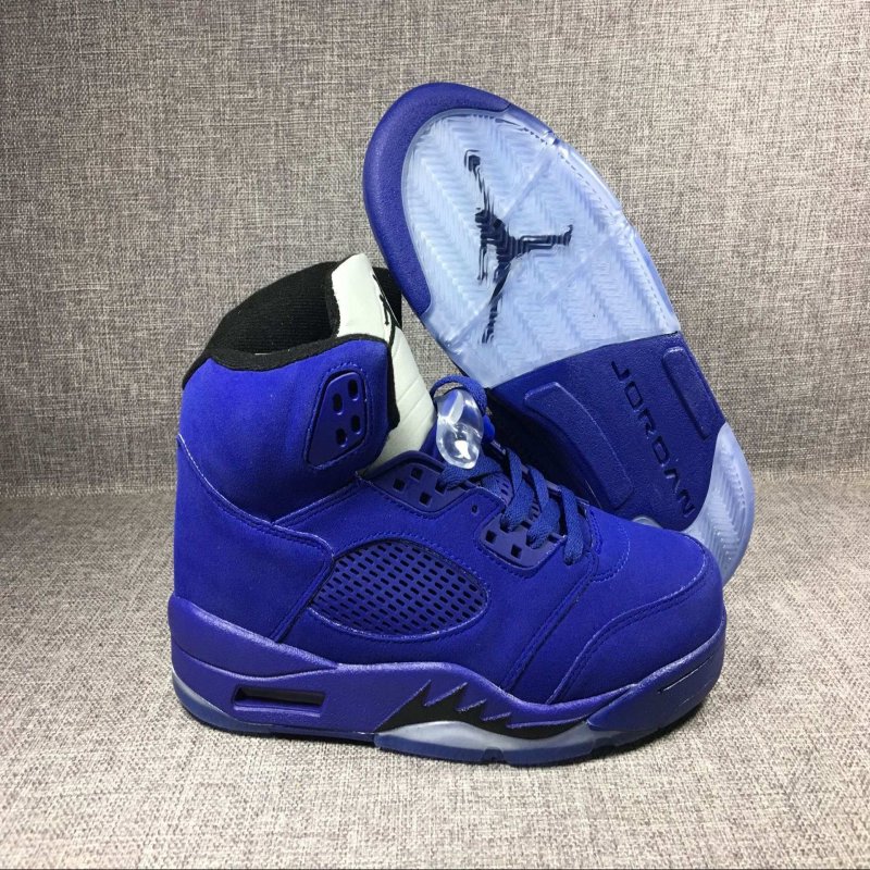 Men's 2017 Air Jordan 5 Blue Suede Flight Suit Game Royal/Black Shoes