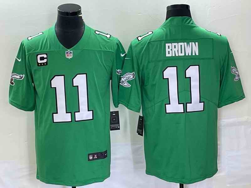 Men's Philadelphia Eagles #11 A. J. Brown Green With 3-star C Patch Stitched Football Jersey