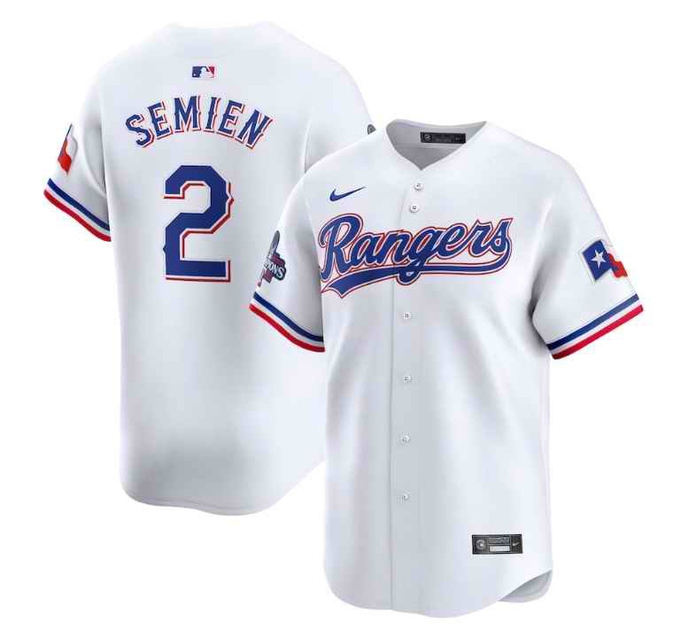 Men's Texas Rangers #2 Marcus Semien White 2023 World Series Champions Stitched Baseball  Jersey