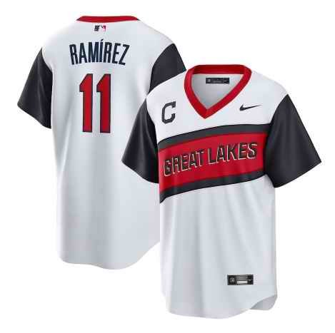 Men's Cleveland Indians #11 Jos' Ram'rez 2021 White Little League Classic Home Cool Base Stitched Baseball Jersey