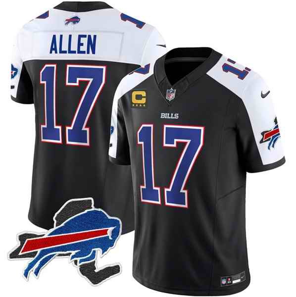 Men's Buffalo Bills #17 Josh Allen Black/White 2023 F.U.S.E. New York Patch and 4-Star C Patch Vapor Untouchable Limited Stitched Football Jersey